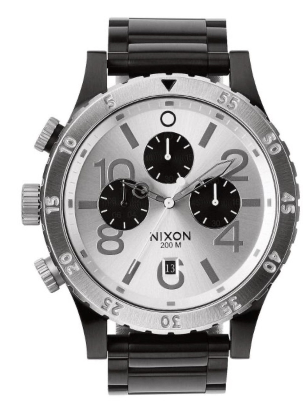 Nixon Silver Dial with Black Subdials and Black Bracelet Chronograph mens watch